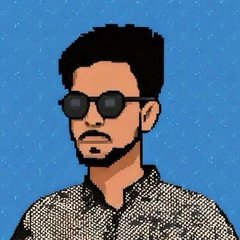 A pixel art illustration shows a man wearing sunglasses and a patterned shirt against a blue background.