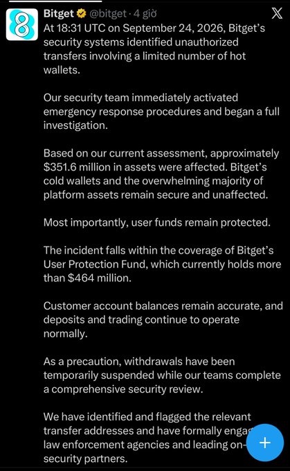 A Bitget Twitter/X post from 4 days ago detailing a security incident involving unauthorized transfers affecting approximately $351.6 million in assets, with user funds reportedly remaining protected.