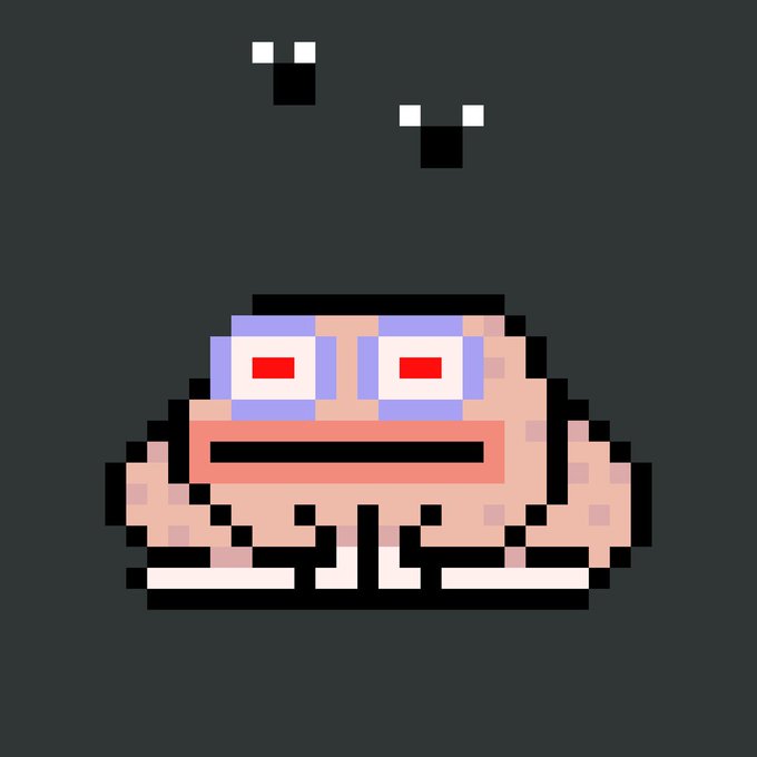 A pixel art character resembling a wide, grumpy blob with large red eyes and white teeth, with two small floating square sprites above it on a dark gray background.