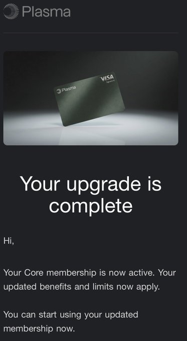 Plasma app notification screen displaying a black Visa card with the message 'Your upgrade is complete,' confirming that the user's Core membership is now active.