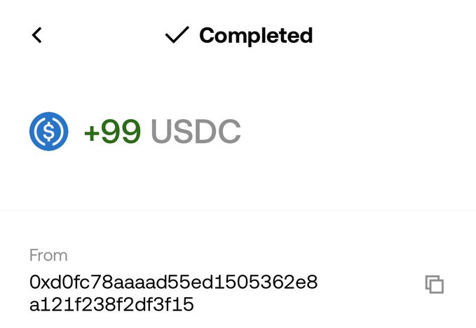 A screenshot of a completed transaction showing '+99 USDC' received from the address '0xd0fc78aaaaad55ed1505362e8a121f238f2df3f15'.