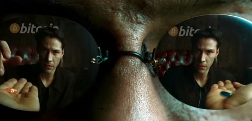 In this image, Neo is shown with two pills, one orange labeled "Bitcoin" and one blue. The surrounding sunglasses also reflect "Bitcoin" logos, mirroring the post's message about Bitcoin being a "ticket out of the prison you call the office" and taking control of one's well-being.