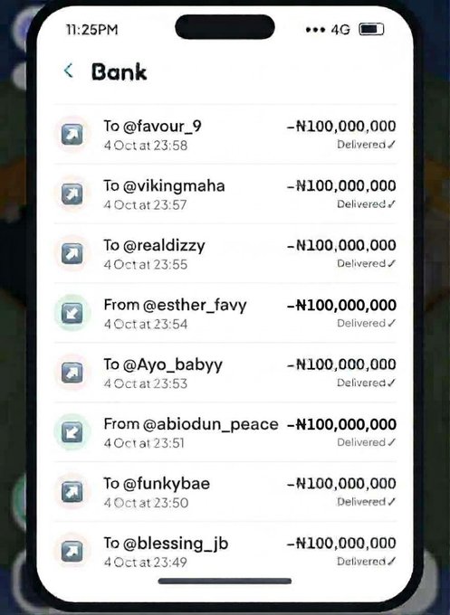 A mobile banking app screenshot showing multiple ₦100,000,000 transactions between various users dated October 4th, all marked as Delivered.