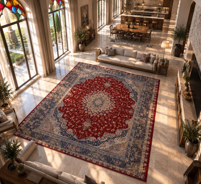An overhead view of a luxurious living room featuring a large red and blue Persian-style area rug, a beige sofa, and tall windows letting in natural light.