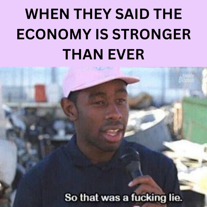 A meme featuring a man in a pink cap being interviewed in what appears to be a scrapyard, with a "Simply Bitcoin" watermark in the corner. The top text reads "WHEN THEY SAID THE ECONOMY IS STRONGER THAN EVER," while the subtitle at the bottom quotes him saying "So that was a fucking lie," directly supporting the accompanying post's point about dishonesty in economic claims.