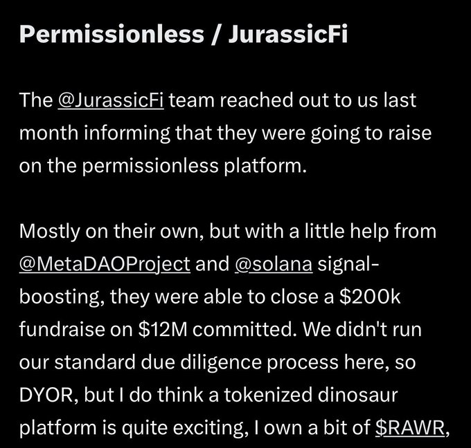 The image shows a black background with white text that reads "Permissionless / JurassicFi". Below this text, there is an explanation of the post's content. The post discusses the concept of a token economy, which involves users creating tokens for various projects or services and trading them among themselves to support these projects. 

The image also contains a link to a website called "Meta.DAO" that might be related to the discussion on token economies. Additionally, there is a reference to a coin called "zec", which could possibly be associated with the project being discussed in the post.