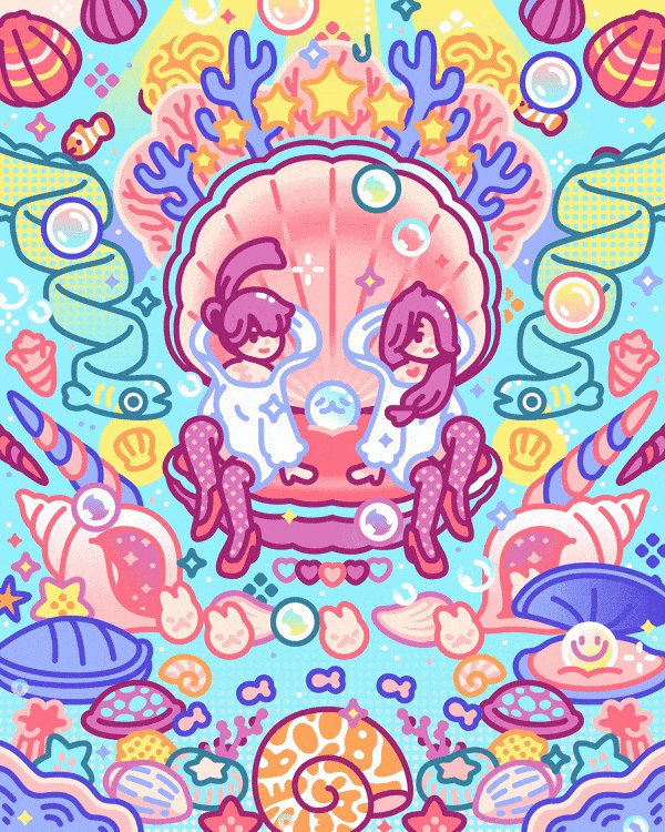 The image features a vibrant and colorful illustration of two girls sitting inside a shell, surrounded by various sea creatures such as starfish, seashells, and coral. The background is a mix of blue, pink, yellow, and purple colors, creating an underwater atmosphere. The caption reads "gm frens just re-list 'Chibi Coral-Chan' on @sealed_art English Auction | Reserve 0.169 eth". This suggests that the image might be part of an art auction or a social media post promoting a specific artist or artwork.
