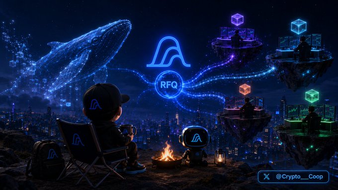 Digital artwork by @Crypto__Coop depicting a character watching a futuristic whale-shaped RFQ (Request for Quote) ecosystem with floating islands and trading screens.