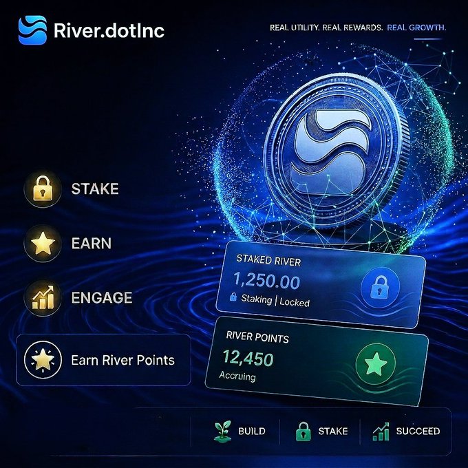 Promotional graphic for River.dotInc featuring a large blue coin logo with text 'REAL UTILITY. REAL REWARDS. REAL GROWTH.' and user interface elements showing 'STAKE', 'EARN', 'ENGAGE' options, with 'STAKED RIVER 1,250.00' locked and 'RIVER POINTS 12,450' accruing.