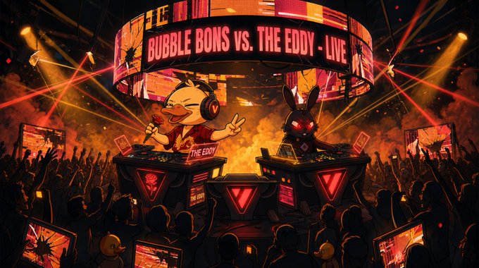 The image shows a vibrant live concert scene featuring two DJ mascots—one resembling a cheerful bunny with headphones labeled "BUBBLE BUNS" and another menacing rabbit figure called "THE EDDY"—performing under a glowing circular banner reading "BUBBLE BUNS VS. THE EDDY - LIVE" before an enthusiastic crowd bathed in red and orange stage lights.

The dramatic battle-style concert illustration ties into the post's theme by framing the claiming of a community "Bun number" badge (BB-BGR5) as an exciting, high-energy event akin to joining a celebrated live performance.
