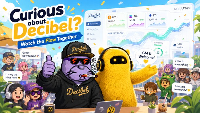 A vibrant promotional graphic titled 'Curious about Decibel? Watch the Flow Together' featuring cartoon characters including a yellow robot and a purple figure in Decibel merchandise, alongside crypto market data (BTC, SOL, ETH) and an APTOS label.
