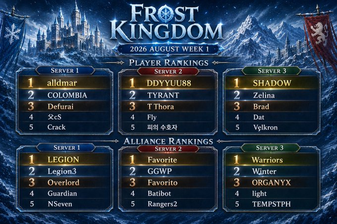 The image shows the "Frost Kingdom 2026 August Week 1" leaderboard across three servers, displaying player and alliance rankings with top individuals like "alldmar," "DDYYUU88," and "SHADOW" leading Server 1, 2, and 3 respectively, along with top alliances including LEGION, Favorite, and Warriors. This visually supports the post by showcasing the competitive player rankings in the Frost Kingdom game on ONE.