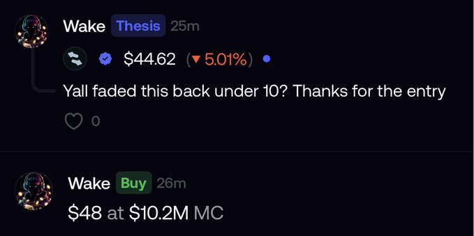 A social media post by user 'Wake' discussing crypto trading, showing a Thesis entry at $44.62 (down 5.01%) and a Buy entry at $48 with $10.2M MC.