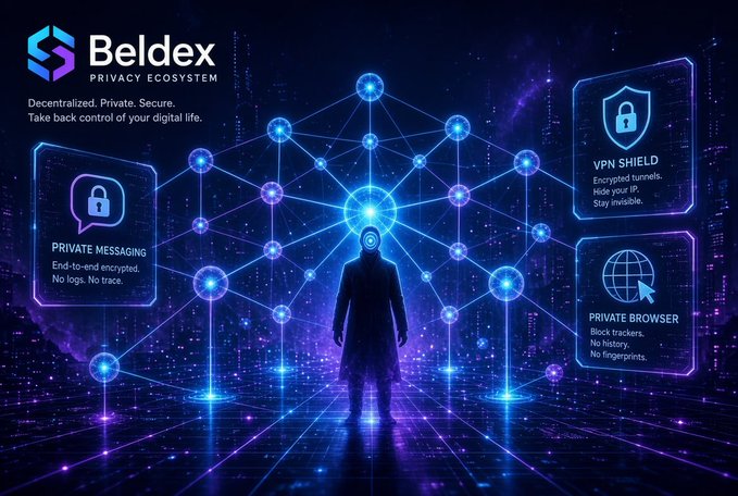 Promotional graphic for Beldex Privacy Ecosystem highlighting VPN Shield, Private Messaging, and Private Browser features.