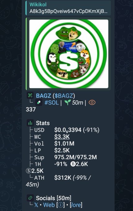 A DexScreener or similar crypto tracking interface displays the meme coin 'BAGZ ($BAGZ)' on the Solana network, showing a -91% price drop to $0.0003394 with $3.3K market cap.