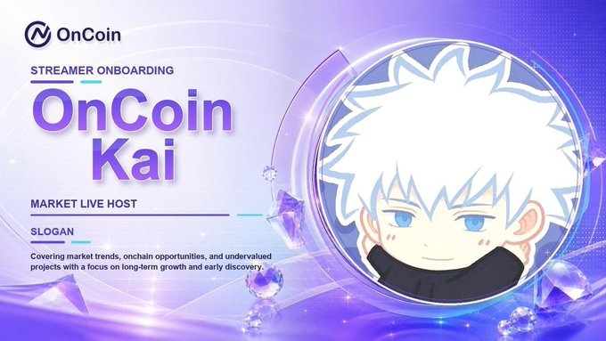Promotional banner for OnCoin's "Streamer Onboarding" featuring an anime-style character named "OnCoin Kai," a Market Live Host whose slogan covers market trends, onchain opportunities, and undervalued projects. The image supports the announcement of Kaisen's scheduled livestreams on OnCoin_Live, introducing viewers to his persona and crypto market expertise.