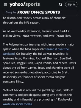 A Yahoo Sports article by Front Office Sports describes a Polymarket partnership featuring NBA stars including Jeter, Manning, Richard Sherman, Sue Bird, Spike Lee, Reggie Bush, Rajon Rondo, and others, noting the tweet had 4.7 million views and 17,000 likes.