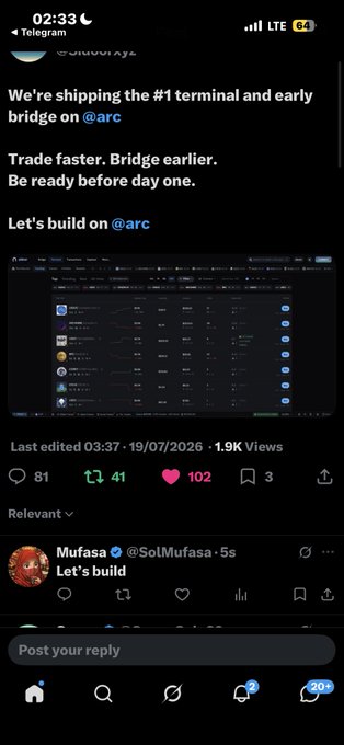 A Telegram post announcing 'We're shipping the #1 terminal and early bridge on @arc' for faster trading, with a screenshot of the trading interface.