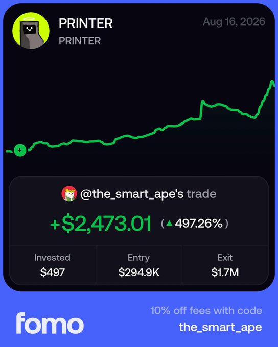 The image is a Fomo app share card showing @the_smart_ape's trade on the token PRINTER, which yielded a gain of +$2,473.01 (a 497.26% return) on a $497 investment that grew from a $294.9K entry market cap to a $1.7M exit market cap. The accompanying green price chart and the "clean x5" caption reinforce the post's celebration of a roughly 5x profit on $PRINTER, despite the trader's sentimental reluctance to sell.