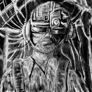 A black and white sketched or stylized artistic portrait of a person wearing a hat, with geometric patterns and what appears to be goggles or mechanical elements over the eyes, rendered in a rough, textured style.