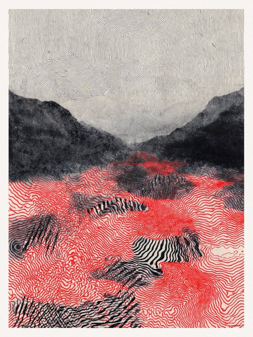 An abstract artwork featuring a landscape with dark mountains and a vibrant red foreground, rendered in a style resembling topographic line patterns and fingerprint textures.