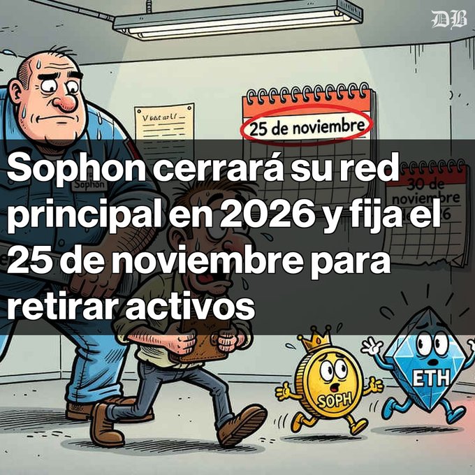 An editorial cartoon depicting a nervous character labeled "Sophon" being escorted by a police officer, with ETH and SOPH coins running away; overlaid Spanish text reads "Sophon cerrará su red principal en 2026 y fija el 25 de noviembre para retirar activos" and the date "25 de noviembre" is circled on a calendar.