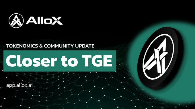 A promotional banner for AlloX featuring their logo and token, with the text 'TOKENOMICS & COMMUNITY UPDATE' and 'Closer to TGE', directing to app.allox.ai.