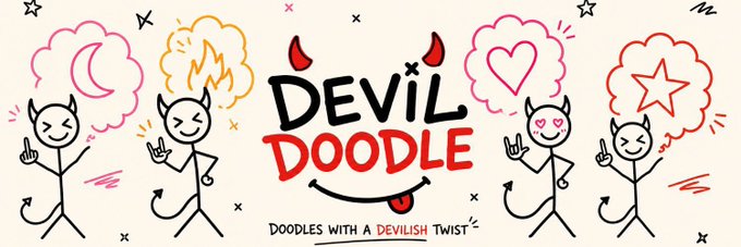A banner reading 'DEVIL DOODLE - DOODLES WITH A DEVILISH TWIST' featuring cartoon devil figures and thought bubbles with various symbols.