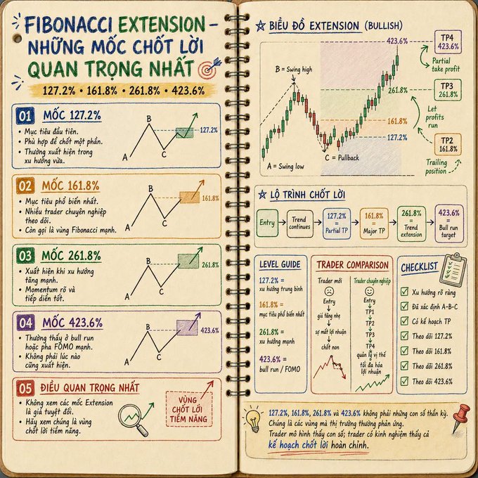 Educational infographic in Vietnamese titled 'FIBONACCI EXTENSION - NHỮNG MỐC CHỐT LỜI QUAN TRỌNG NHẤT' detailing key profit-taking levels at 127.2%, 161.8%, 261.8%, and 423.6% with bullish chart examples and trader checklists.