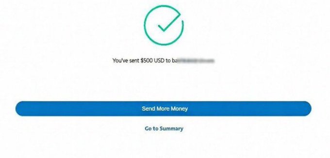 The image shows a PayPal or Venmo-style confirmation screen with a green checkmark, displaying "You've sent $500 USD" to a blurred recipient, along with "Send More Money" and "Go to Summary" buttons. It relates to the post "if you need $500 just like this post," suggesting the image is being used as a fake proof to lure people into believing they'll receive $500 for engaging with the post—a common social media scam.