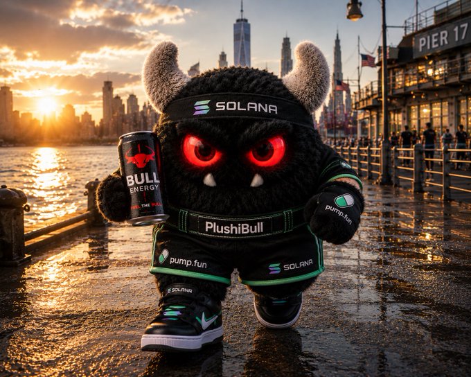 A fierce plush bull mascot wearing Solana, pump.fun, and "PlushiBull" branded gear stands on a New York City pier at sunset, holding a can of "BULL ENERGY." The image visually embodies the fair launch announcement, with the bullish character promoting the upcoming Sunday, August 16 at 5PM UTC launch and emphasizing trust by cancelling the presale.