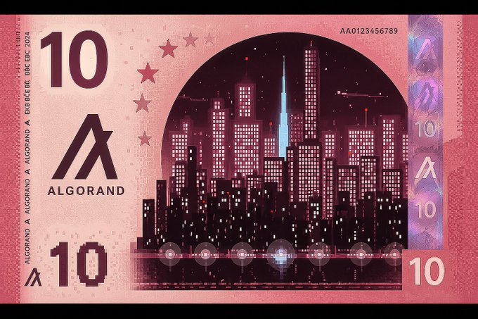 A pink Algorand cryptocurrency banknote with the number 10, the ALGORAND logo, a city skyline illustration, and the serial number AA0123456789.