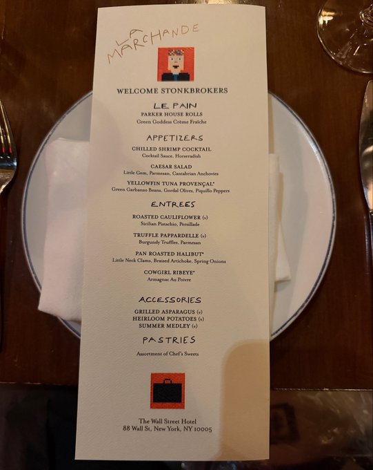 A menu from "La Marchande" at The Wall Street Hotel (88 Wall St., New York, NY 10005) greets attendees with "Welcome Stonkbrokers" at the top, featuring a small pixel-art graphic of the Stonkbroker character, and lists courses including Le Pain, Appetizers, Entrées, and Pastries for the Robinhood Chain NFT community's first IRL event during NFT NYC.