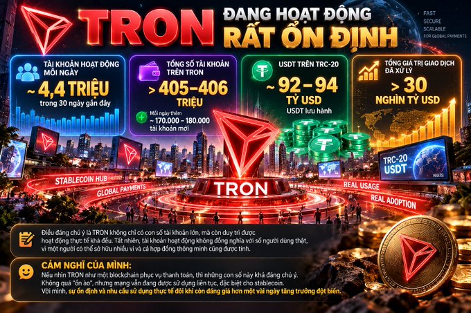 A promotional graphic for the TRON cryptocurrency showing statistics including '~4.4 TRIỆU' accounts, '> 405-406 TRIỆU' total accounts, and '~92-94 TỶ USD' USDT on TRC-20.