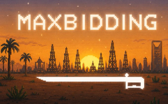 Pixel art graphic with 'MAXBIDDING' text over a sunset cityscape with oil rigs and palm trees, featuring a sword silhouette below.
