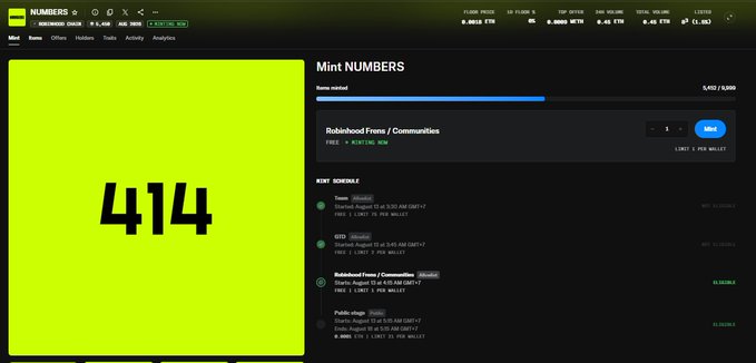 The image shows a digital interface for minting "NUMBERS" NFTs, displaying the number "474" on a bright neon green background. The page indicates 5,450 of 5,500 NFTs have been minted, with a "Robiehood Frex / Communities" entry showing 1 free mint available (1/5 limit per wallet) and a recent blockchain confirmation timestamp of August 12 at 4:15 AM GMT+7. This screenshot corresponds with the post announcing a free mint from the NUMBERS NFT collection available on OpenSea.