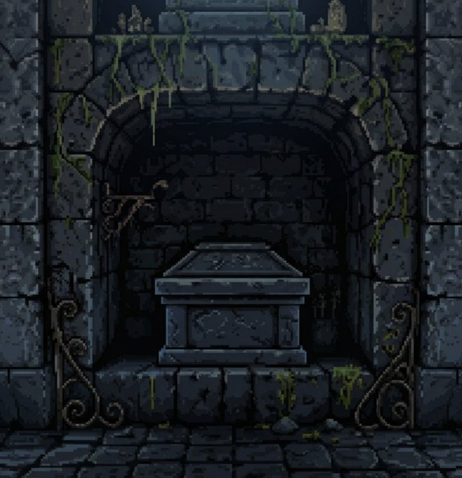 Pixel art depicting a stone sarcophagus inside a dark, moss-covered arched alcove of an ancient dungeon.