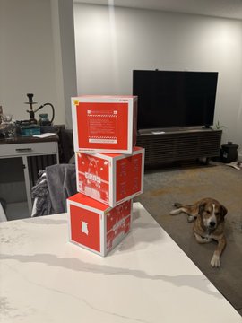 Three red and white boxes are stacked on a white table in a living room, with a brown dog lying on the floor nearby and a television in the background.