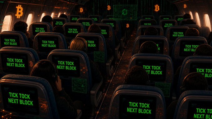 A surreal digital artwork depicting airplane passengers sitting in rows of seats, where each seatback screen displays the text 'TICK TOCK NEXT BLOCK' in green terminal-style font, with Bitcoin (₿) symbols floating above.