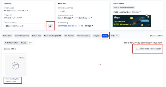 A screenshot of a blockchain wallet explorer page showing an account with an ETH balance of 0.020163426412845246 ETH (~$37.79) and a single NFT called "Base Day One" (Token ID: 13388, ERC-721), highlighted alongside the Analytics tab and address search field, demonstrating how to check for the Base Day One NFT in your wallet.