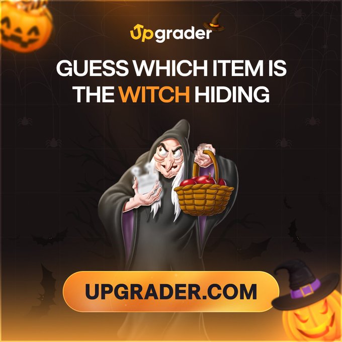 A Halloween-themed promotional graphic from "Upgrader" featuring a cartoon witch holding a basket of apples and casting magic, with the text "GUESS WHICH ITEM IS THE WITCH HIDING" and the URL "UPGRADER.COM" displayed below. The image illustrates the Halloween engagement post inviting users to guess the hidden item for a chance to win a tip.