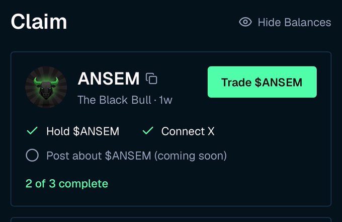 A 'Claim' interface for ANSEM ('The Black Bull') token showing 2 of 3 tasks complete, with hold and connect X checked but posting task uncompleted.