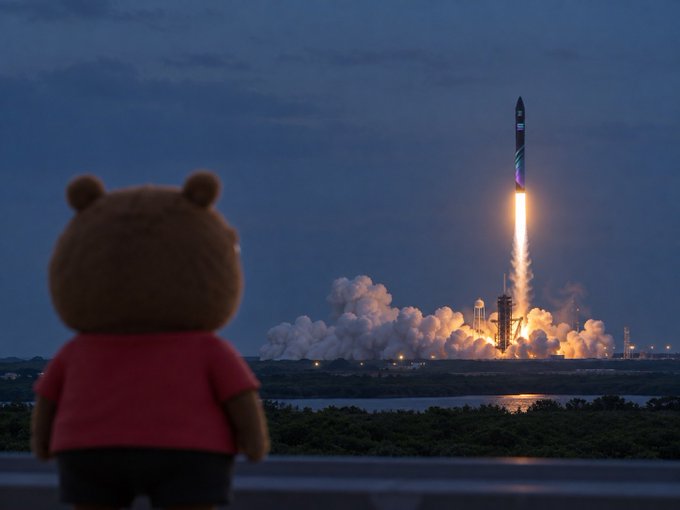 A teddy bear in a red shirt stands in the foreground, looking out towards a rocket launch at dusk, with bright flames and billowing smoke rising from the launch pad.