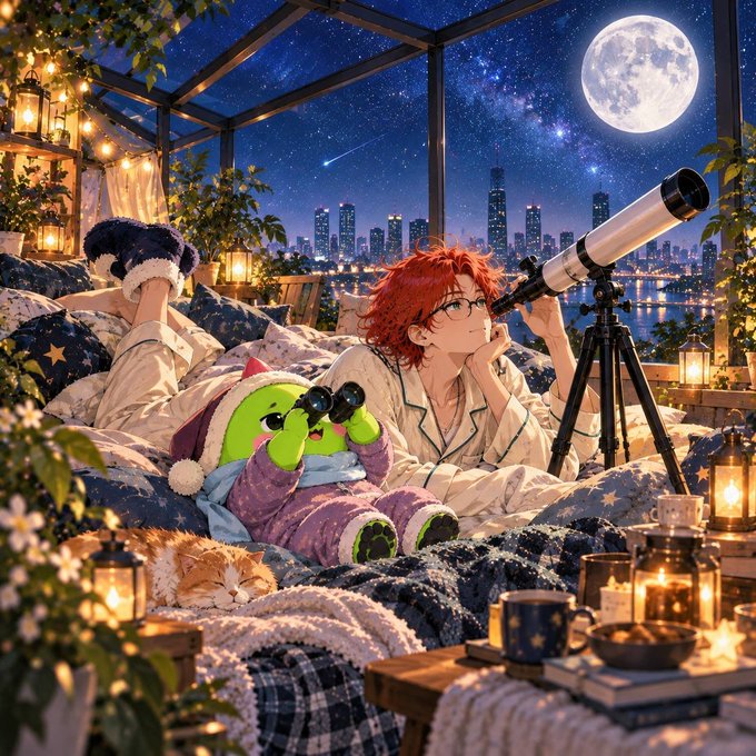 An anime-style illustration shows a red-haired person with glasses using a telescope on a rooftop bed under a full moon, accompanied by a green creature in a purple onesie holding binoculars and a sleeping cat, with a city skyline in the background.