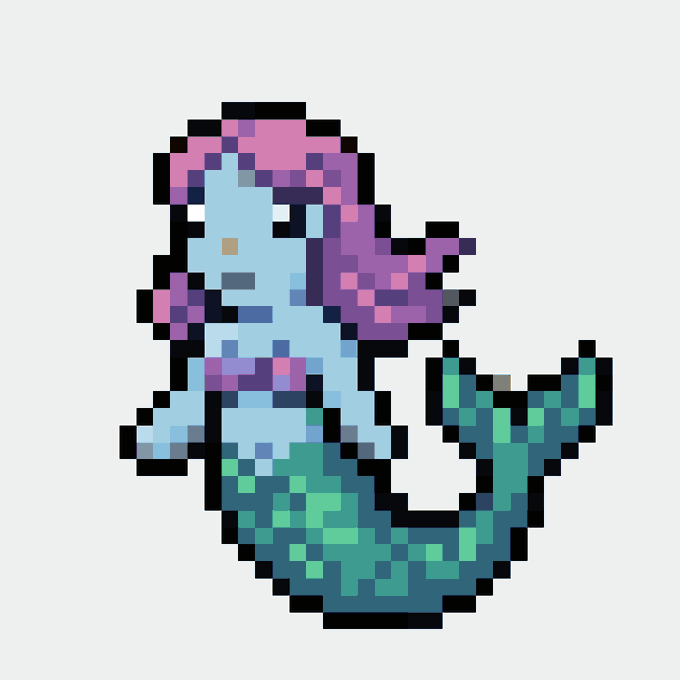 Pixel art mermaid with pink and purple hair and a teal/green scaly tail, created in a retro 16-bit style. The image appears to be the #067 Psyronymph NFT from the CC0_Mon collection referenced in the post.