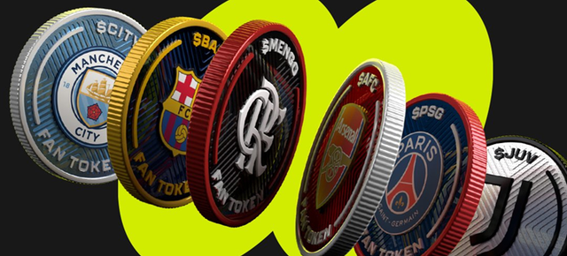 A row of six circular Fan Tokens from top European football clubs (Manchester City, FC Barcelona, AS Roma, Arsenal, Paris Saint-Germain, and Juventus) are displayed against a black and neon green background, each showing its club's logo and the "$CITY," "$BAR," "$MENGO," "$ARS," "$PSG," and "$JUV" tickers. The image ties into the Socios poll by highlighting the Fan Token platform used to cast votes, visually reinforcing the call to participate using club-specific crypto tokens.