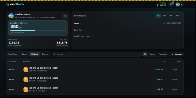 A dark-themed crypto trading dashboard for 'omnibook' showing a user profile 'sashinmeona' with a portfolio of $116.78 and a list of recent 'OB-BTC-UD-60S' trade positions.