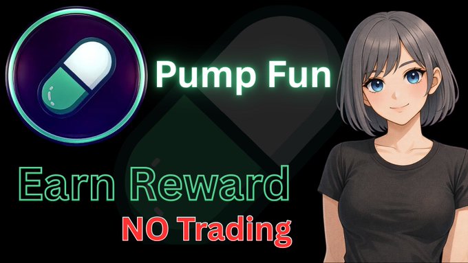 A YouTube-style thumbnail featuring the Pump Fun logo with the text 'Pump Fun - Earn Reward NO Trading' alongside an anime-style female character with short gray hair.