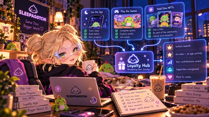 An anime-style illustration features a blonde girl with glasses working on a laptop surrounded by Sleepagotchi branding, showcasing a 'Loyalty Hub' with features like 'Use the App,' 'Play the Games,' 'Hold Dino NFTs,' 'Track sleep,' 'Build habits,' and 'Earn rewards.'