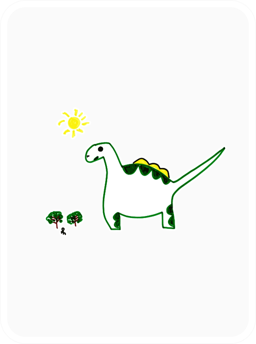 A child's drawing of a green dinosaur with yellow spikes on its back, standing next to small trees under a yellow sun on a white background.